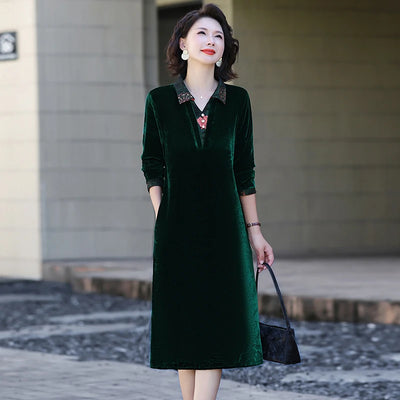 Velvet Midi Dress Women's Velvet Full Sleeve Knee-length Regular Shirt