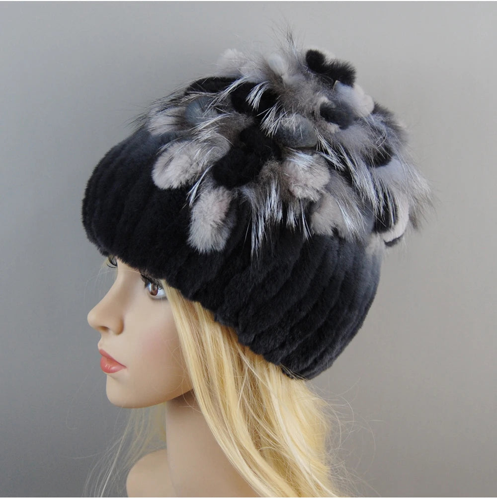 Luxury Women Fur Hat For Winter Handmade Natural Rex Rabbit Fox .