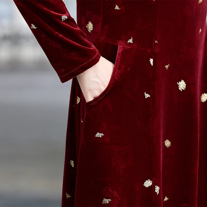 Embroidery Gold Velvet Cheongsam Long Dress Women