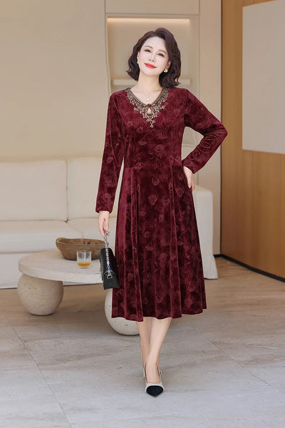 V-Neck Long Sleeve Velvet Dress Women's Meticulous Pocket Mid-Length Gown