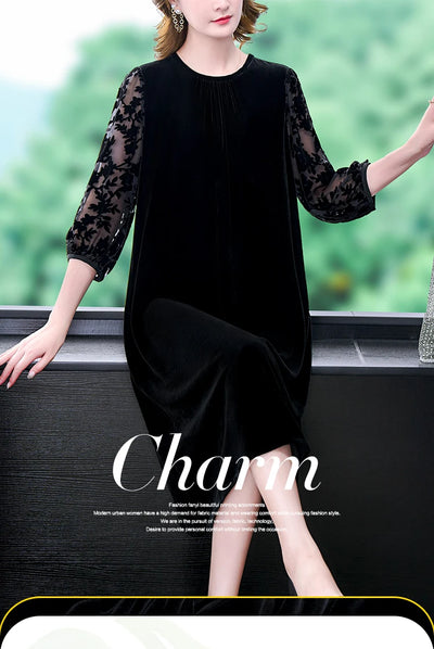 Velvet Chic Hook Flower Hollow Sexy Midi Dress Women Solid