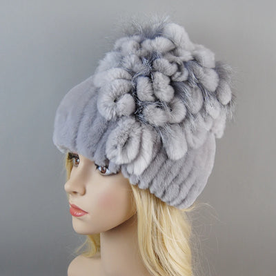 Luxury Women Fur Hat For Winter Handmade Natural Rex Rabbit Fox .