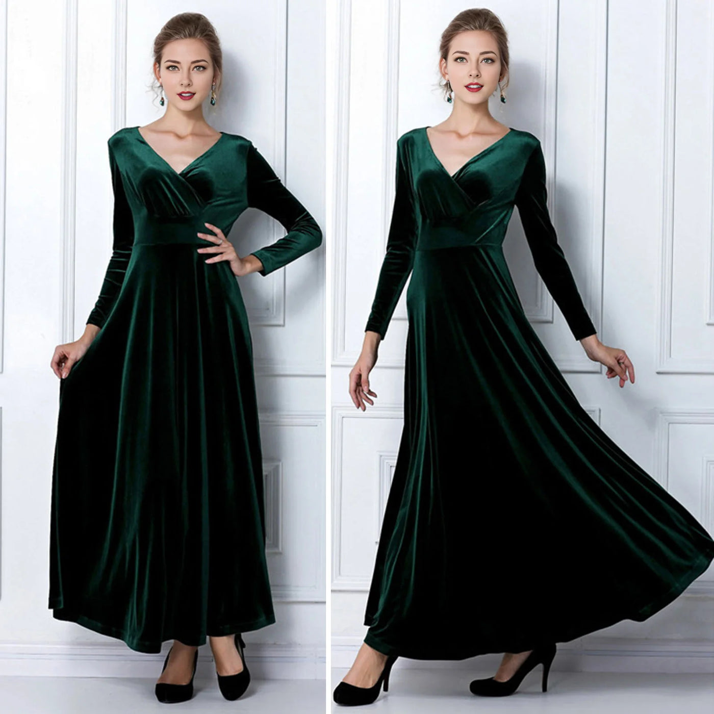 Long Sleeve V Neck Pleated Velvet Banquet Party Maxi Dress Party Wedding