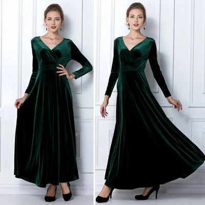 Long Sleeve V Neck Pleated Velvet Banquet Party Maxi Dress Party Wedding