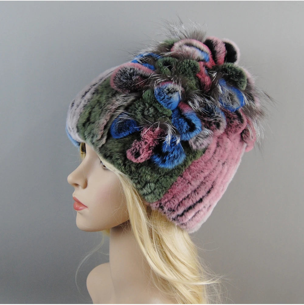Luxury Women Fur Hat For Winter Handmade Natural Rex Rabbit Fox .
