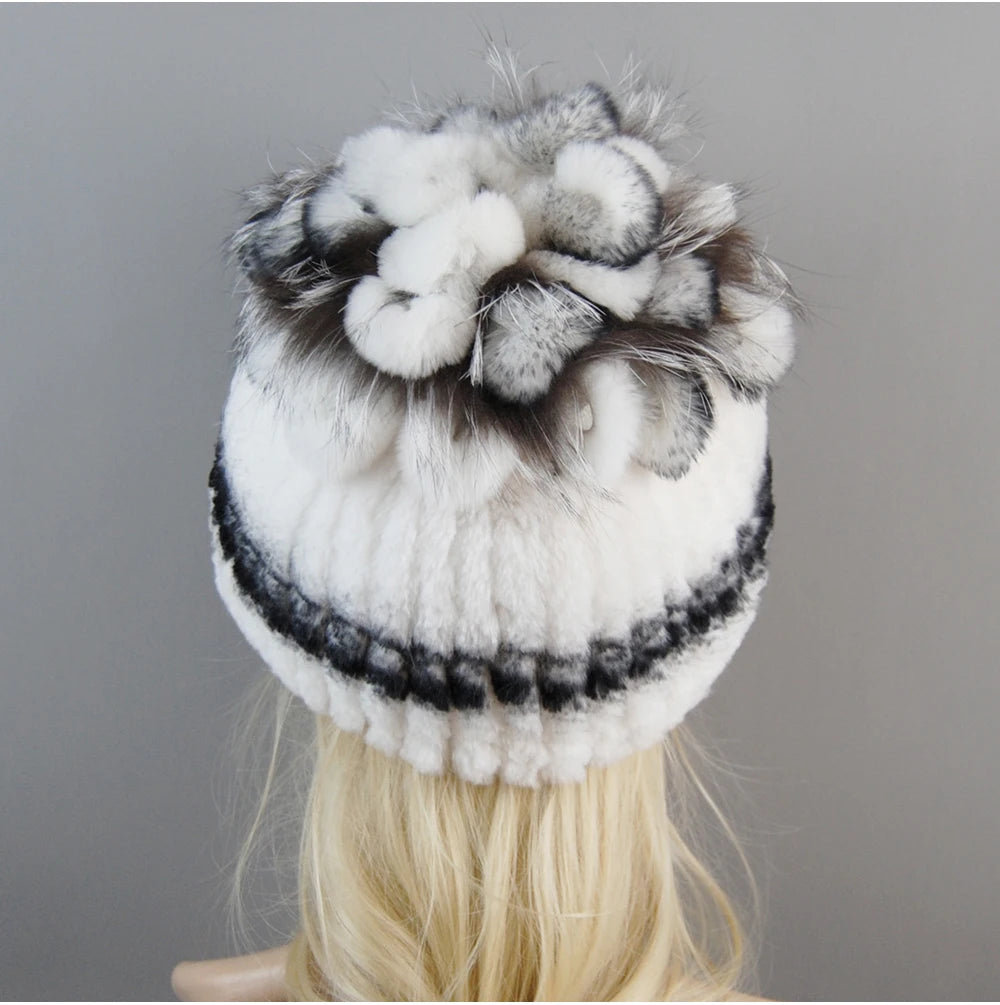 Luxury Women Fur Hat For Winter Handmade Natural Rex Rabbit Fox .