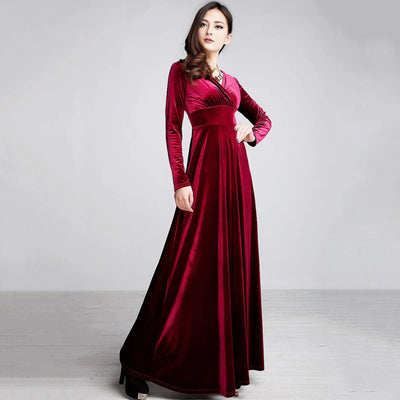 Long Sleeve V Neck Pleated Velvet Banquet Party Maxi Dress Party Wedding