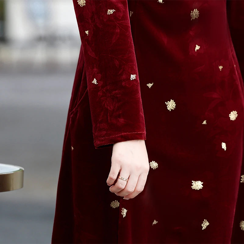 Embroidery Gold Velvet Cheongsam Long Dress Women