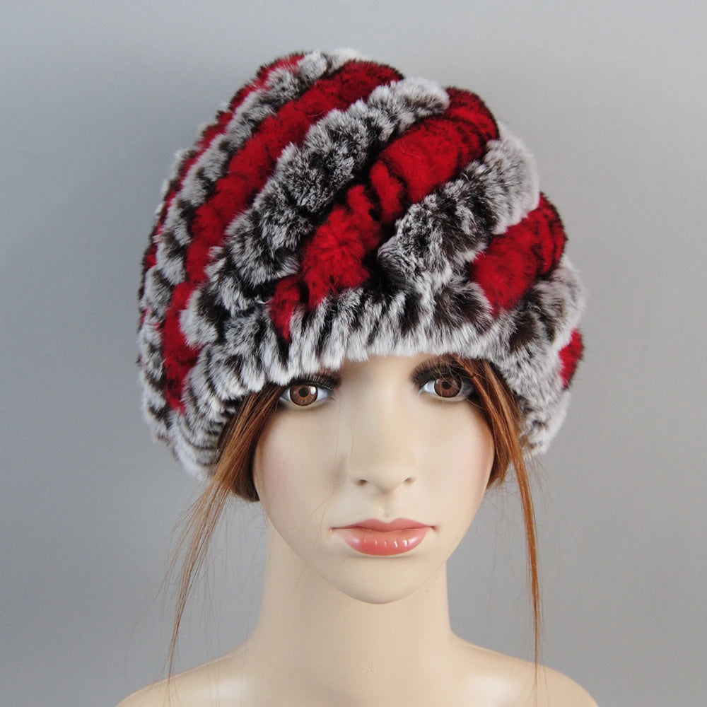 Luxury Women Fur Hat For Winter Handmade Natural Rex Rabbit Fox .