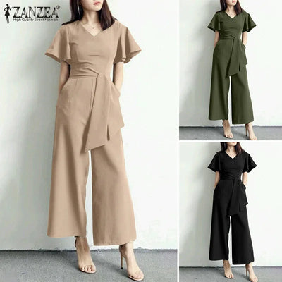 Wide Leg Jumpsuits Summer V Neck Short Sleeve Rompers Elegant