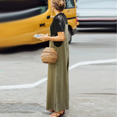 Sleeveless Jumpsuit Solid Color Wide Leg Casual Loose Cotton Linen