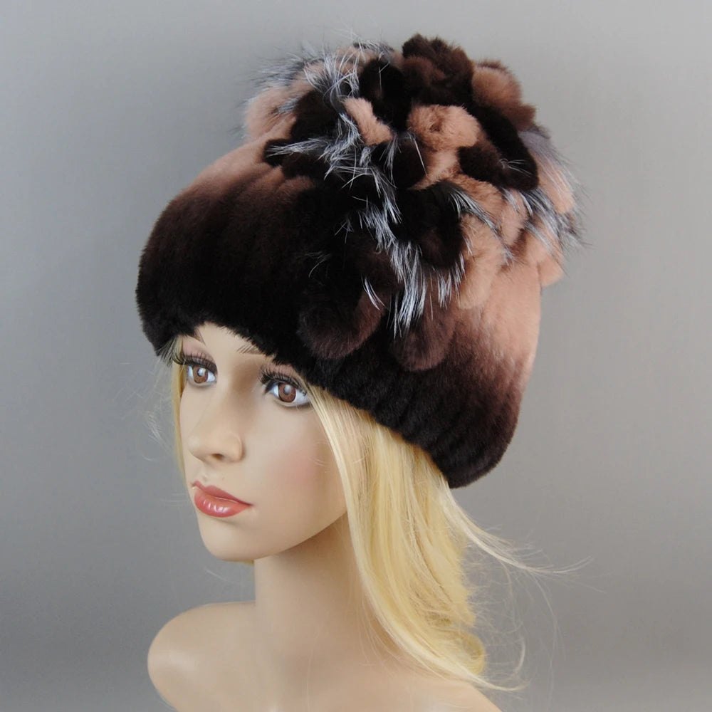 Luxury Women Fur Hat For Winter Handmade Natural Rex Rabbit Fox .