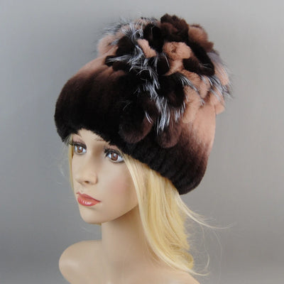 Luxury Women Fur Hat For Winter Handmade Natural Rex Rabbit Fox .