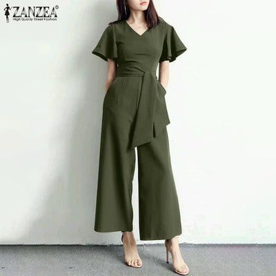Wide Leg Jumpsuits Summer V Neck Short Sleeve Rompers Elegant