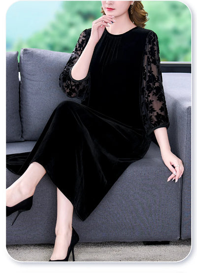 Velvet Chic Hook Flower Hollow Sexy Midi Dress Women Solid