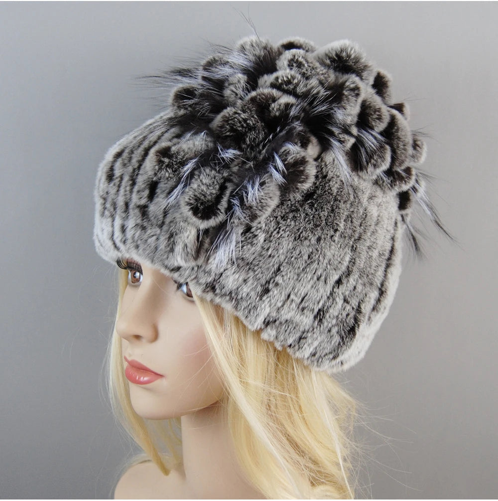 Luxury Women Fur Hat For Winter Handmade Natural Rex Rabbit Fox .