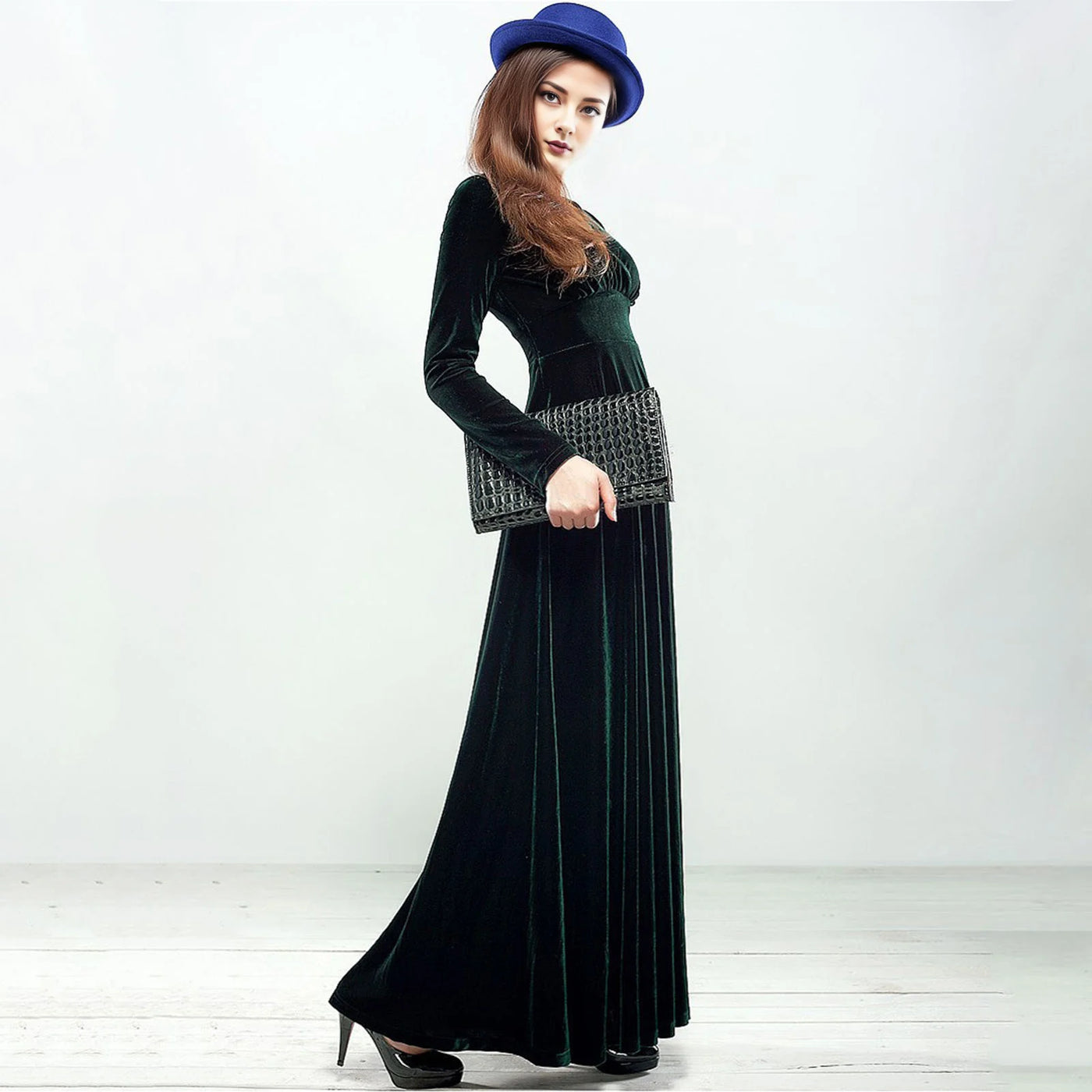 Long Sleeve V Neck Pleated Velvet Banquet Party Maxi Dress Party Wedding
