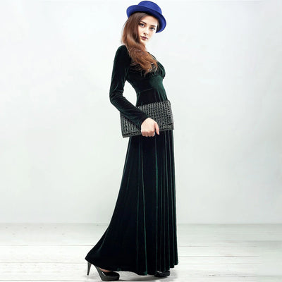 Long Sleeve V Neck Pleated Velvet Banquet Party Maxi Dress Party Wedding