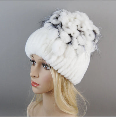 Luxury Women Fur Hat For Winter Handmade Natural Rex Rabbit Fox .