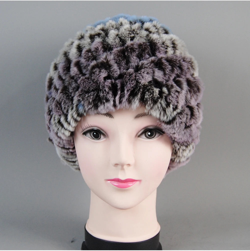 Real Rex Rabbit Winter Fur Hat For Women Russian Real Fur Knitted Cap
