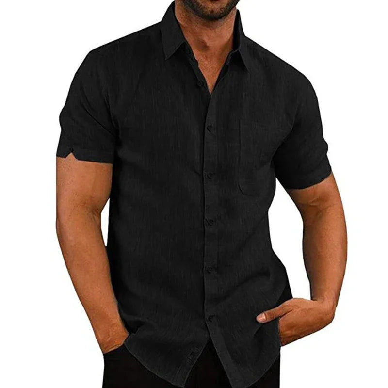 Cotton Linen Shirts for Men Casual Short Sleeved Shirts Blouses Solid Turn-Down Collar
