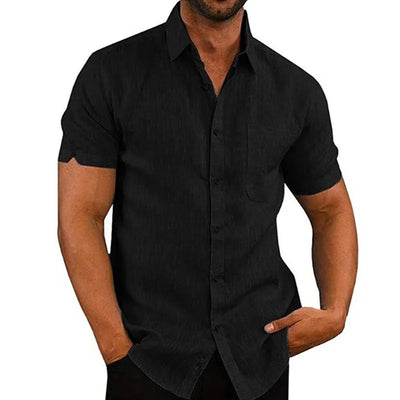 Cotton Linen Shirts for Men Casual Short Sleeved Shirts Blouses Solid Turn-Down Collar