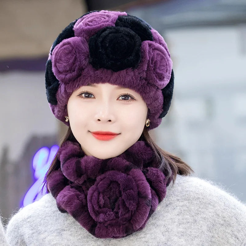 Winter Fur Hat Scarf Sets Natural Warm Real Rex Rabbit Fur