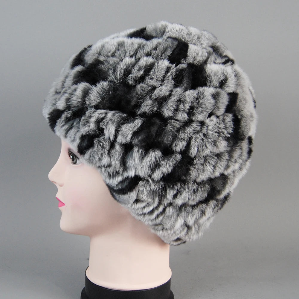 Real Rex Rabbit Winter Fur Hat For Women Russian Real Fur Knitted Cap