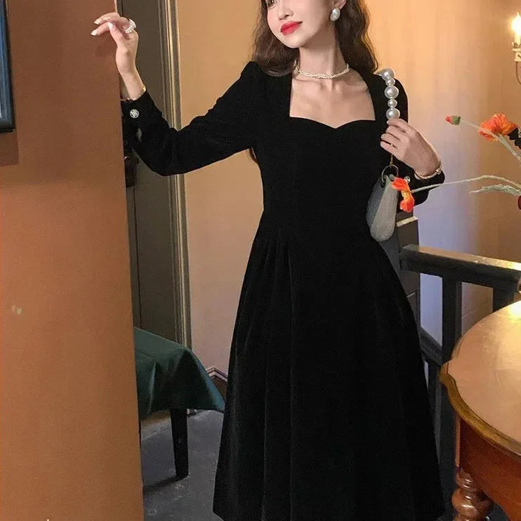 Gold Velvet Women's Dress Elegant Waist-Cinching Ladylike Style