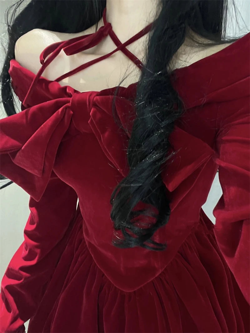 Y2K Sexy Slash Neck Red Velvet Dresses Winter Kawaii Christmas Party