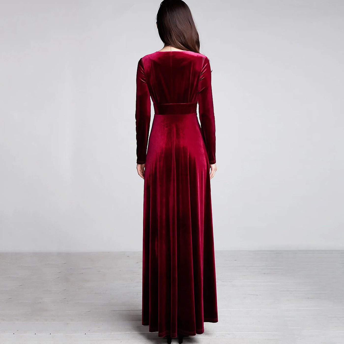 Long Sleeve V Neck Pleated Velvet Banquet Party Maxi Dress Party Wedding