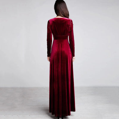Long Sleeve V Neck Pleated Velvet Banquet Party Maxi Dress Party Wedding