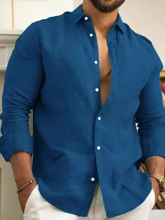 Solid Color Cotton Linen Plain Shirt Men Classic Button-up