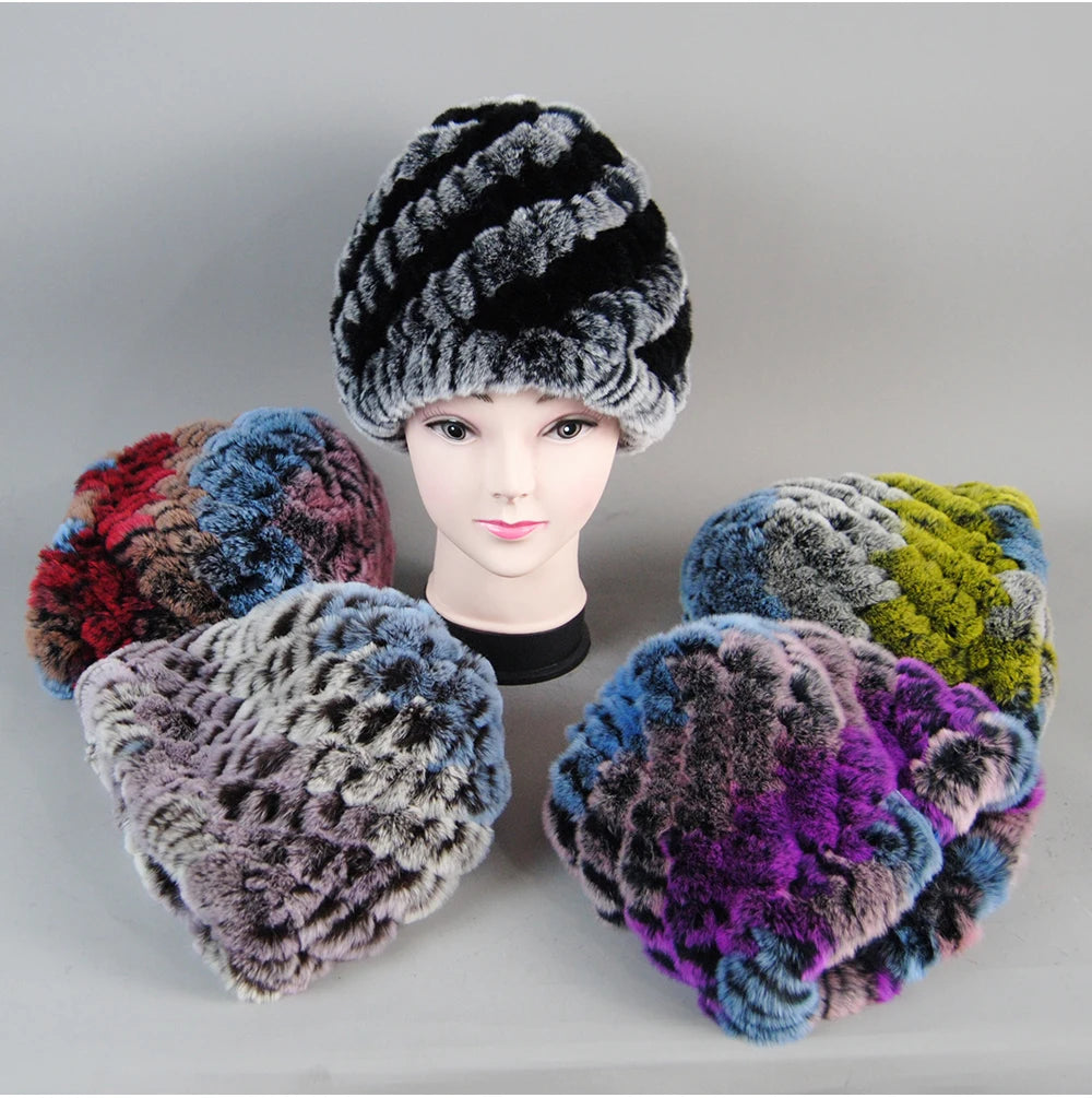 Real Rex Rabbit Winter Fur Hat For Women Russian Real Fur Knitted Cap