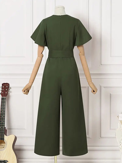 Wide Leg Jumpsuits Summer V Neck Short Sleeve Rompers Elegant