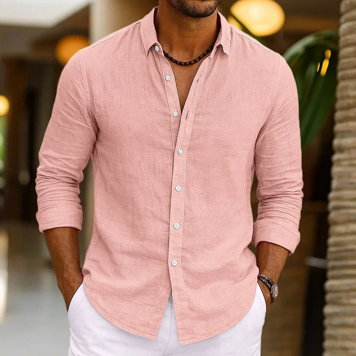 Men's Linen Shirt Summer Beachwear Button Solid Color Cotton Linen
