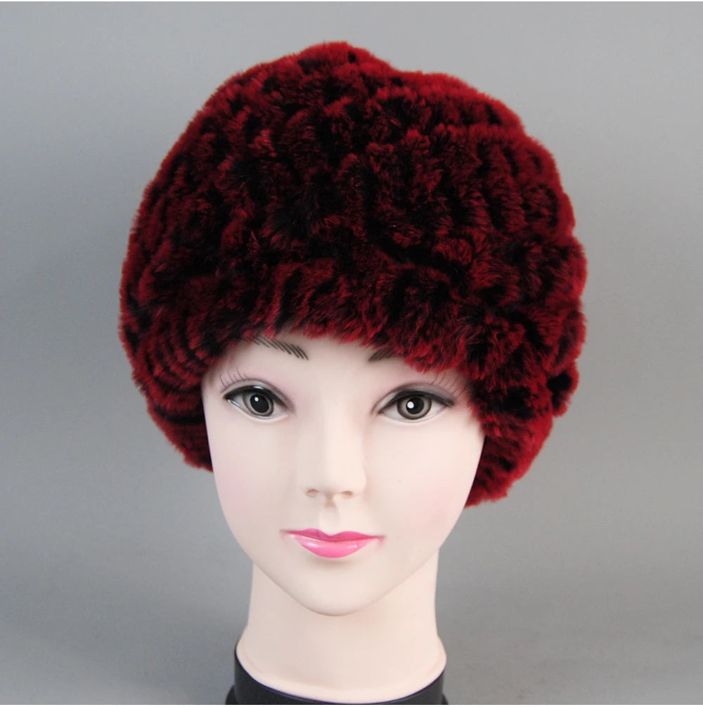 Real Rex Rabbit Winter Fur Hat For Women Russian Real Fur Knitted Cap