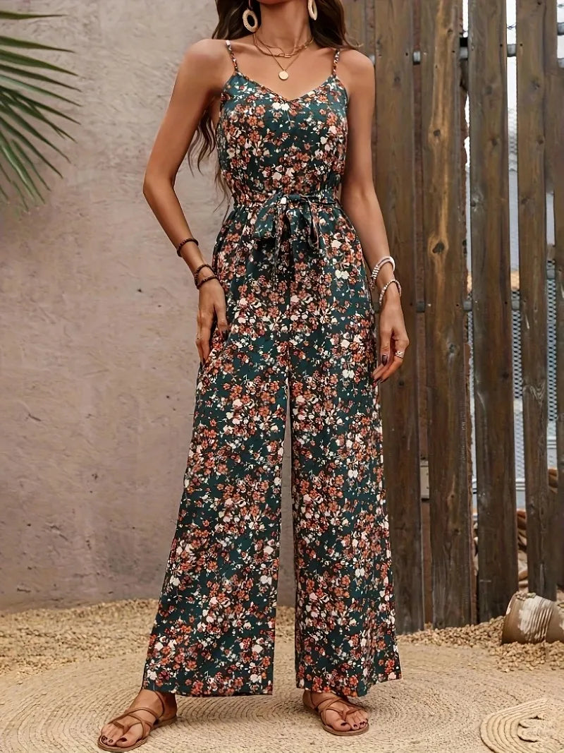 Jumpsuits for Women Summer Casual Printed Round Neck Suspender Jumpsuit