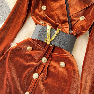 V-Neck Velvet Dress Women Long Sleeve Fashion Metre Buttons Split Sheath