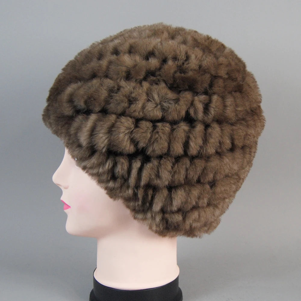 Real Rex Rabbit Winter Fur Hat For Women Russian Real Fur Knitted Cap