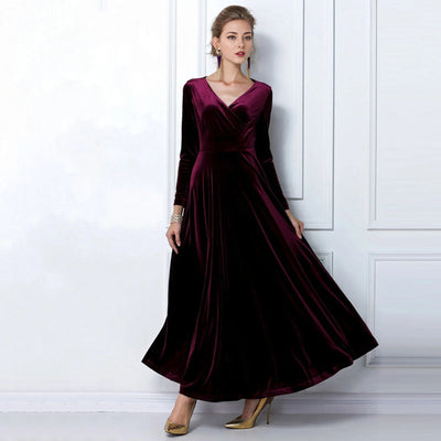 Long Sleeve V Neck Pleated Velvet Banquet Party Maxi Dress Party Wedding