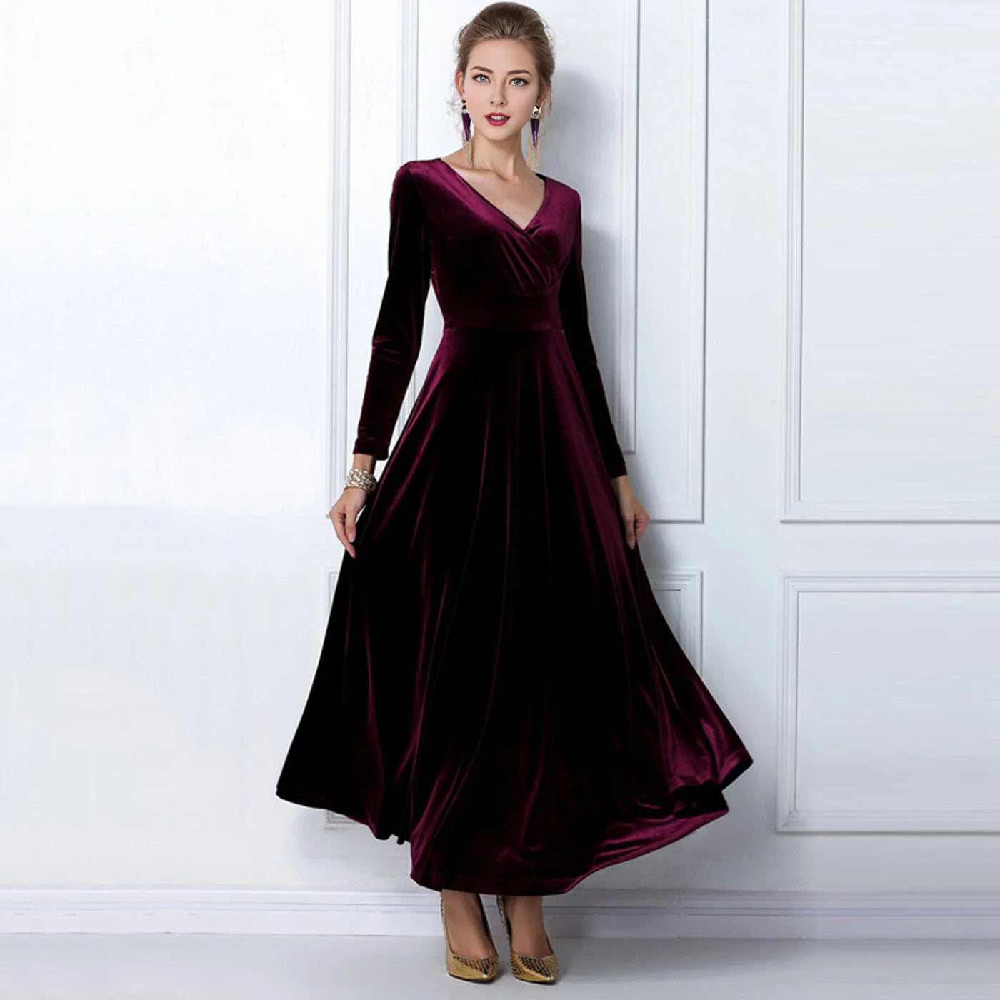 Long Sleeve V Neck Pleated Velvet Banquet Party Maxi Dress Party Wedding