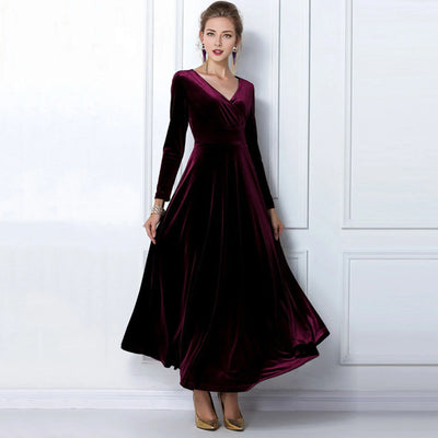Long Sleeve V Neck Pleated Velvet Banquet Party Maxi Dress Party Wedding