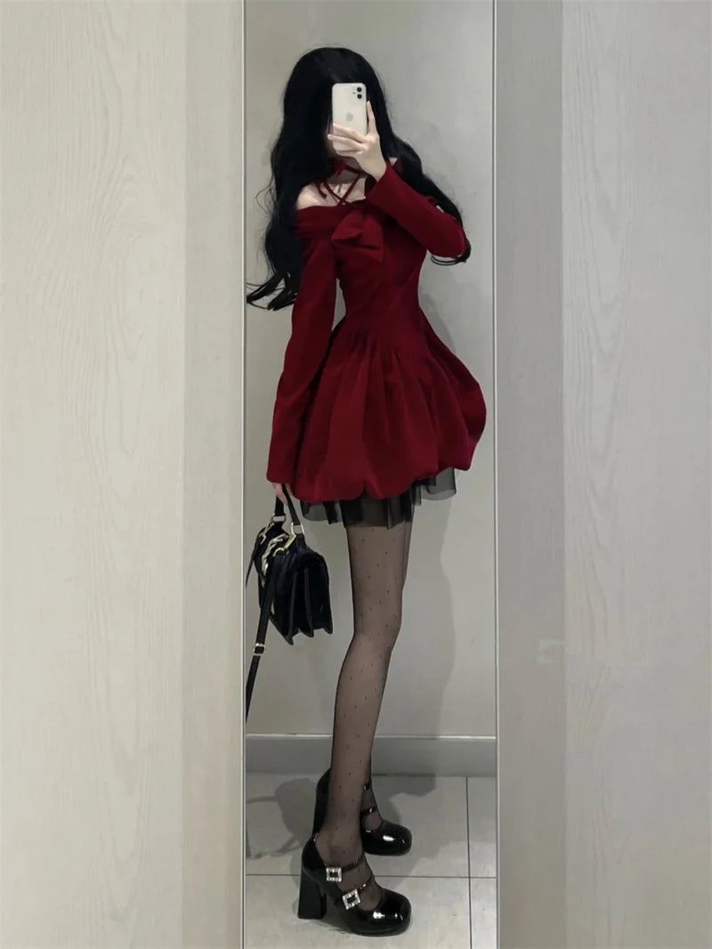 Y2K Sexy Slash Neck Red Velvet Dresses Winter Kawaii Christmas Party
