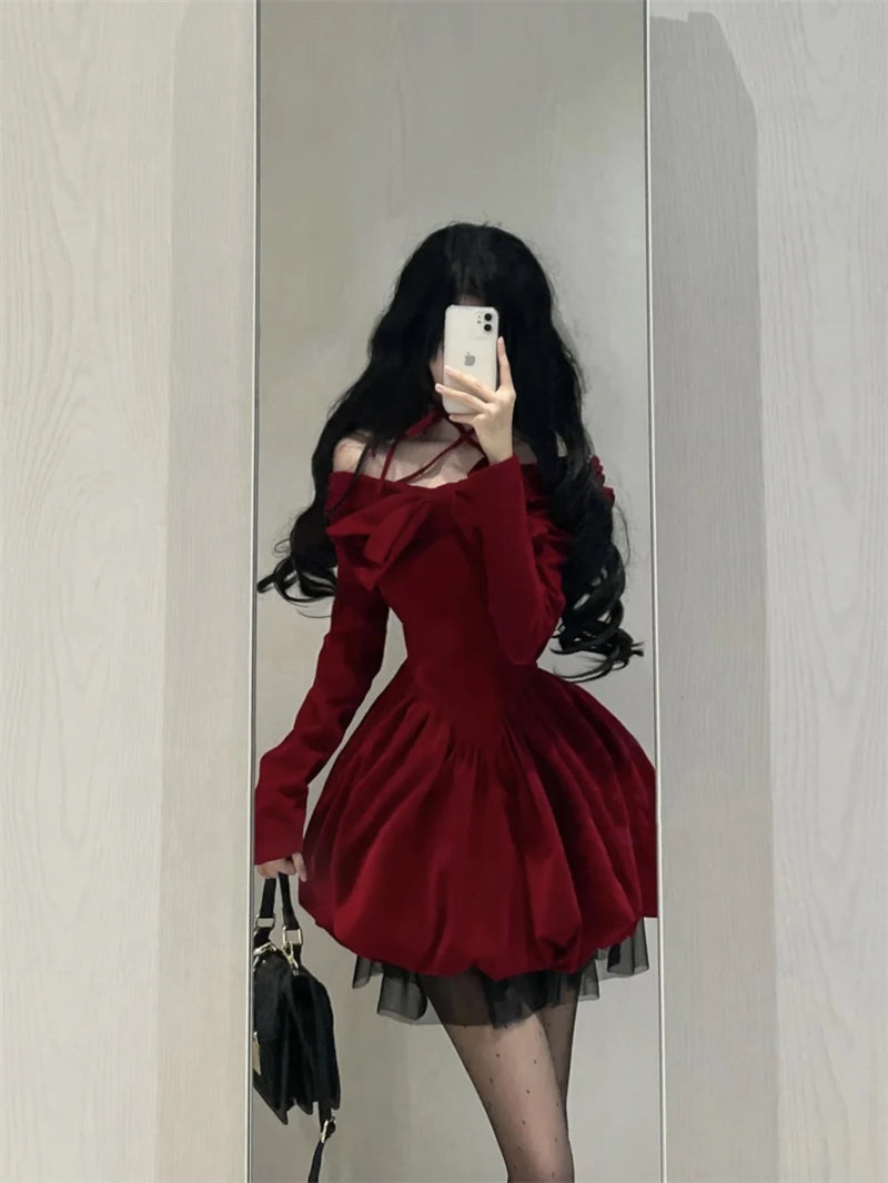 Y2K Sexy Slash Neck Red Velvet Dresses Winter Kawaii Christmas Party