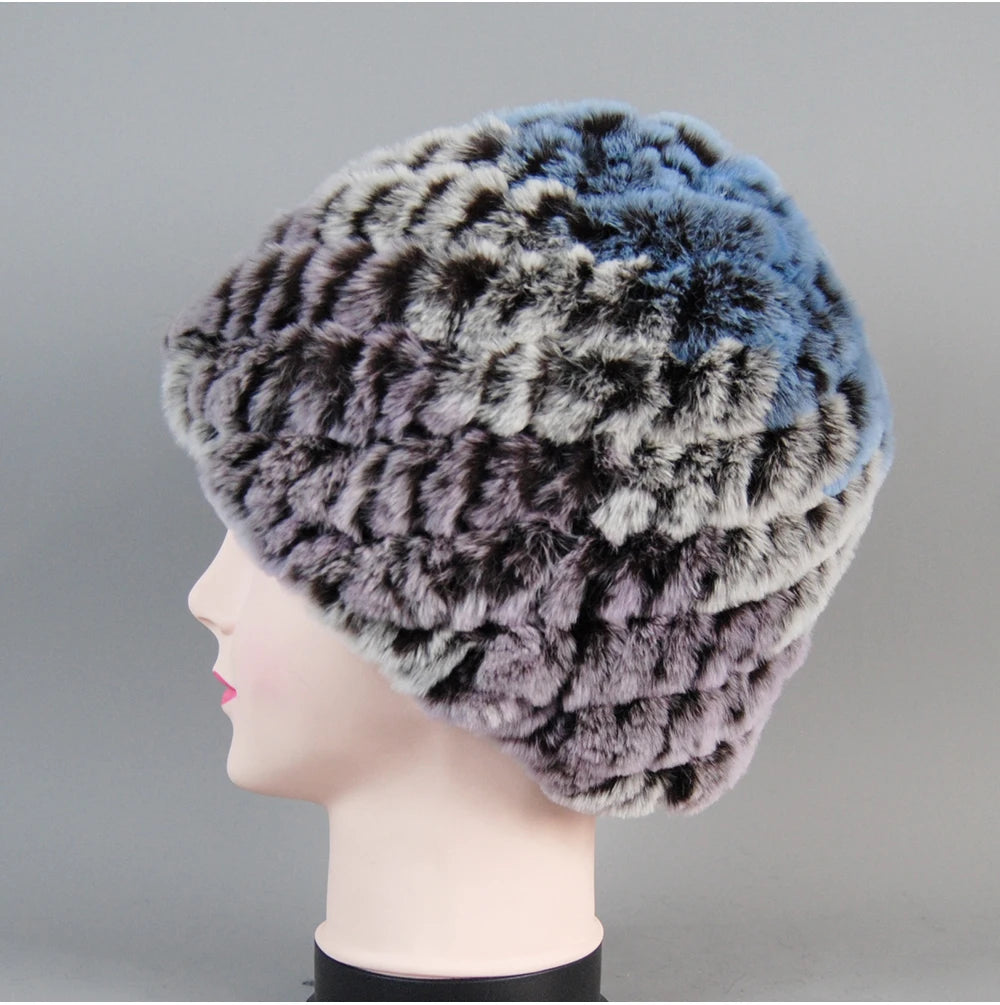 Real Rex Rabbit Winter Fur Hat For Women Russian Real Fur Knitted Cap