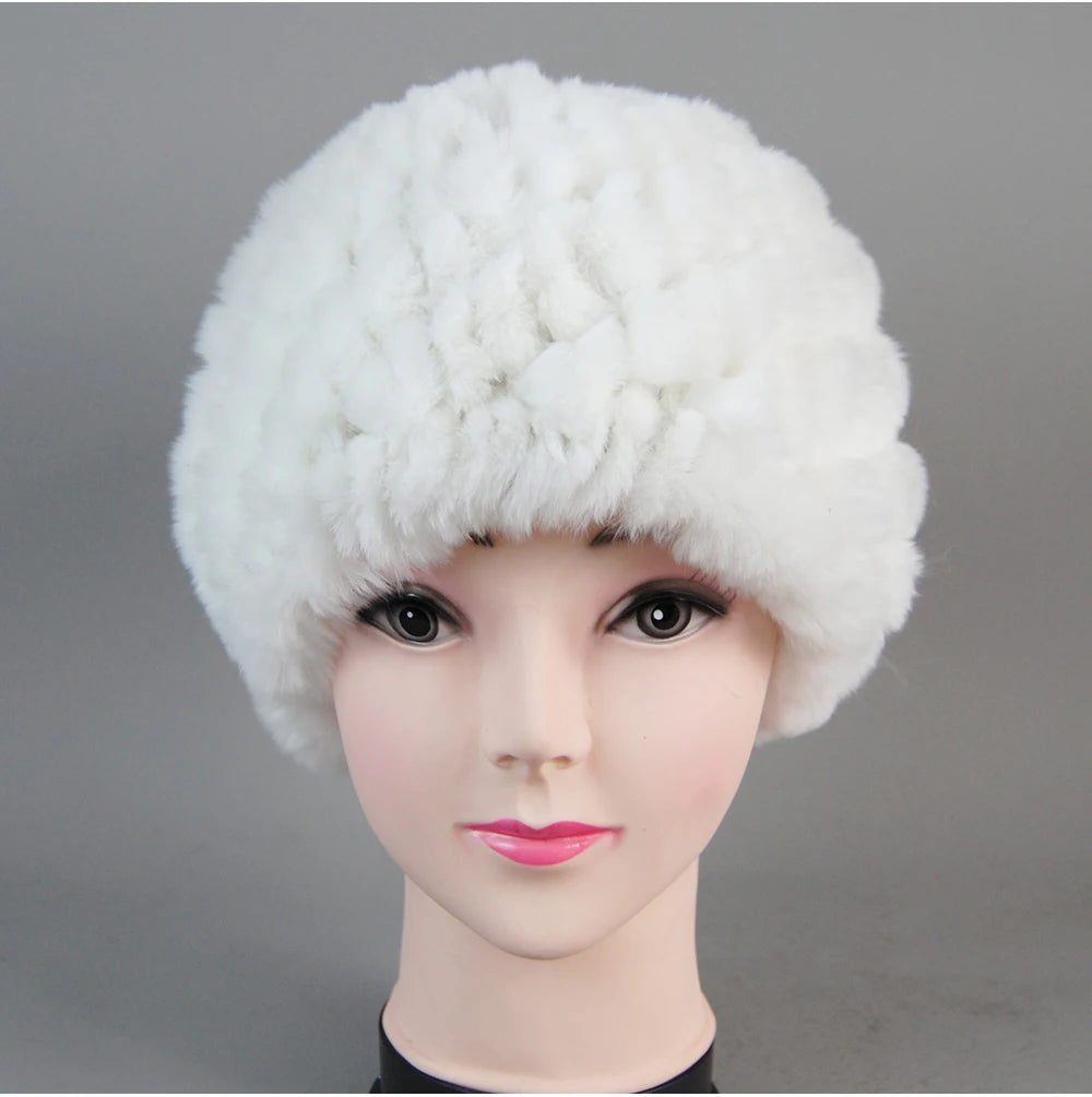 Real Rex Rabbit Winter Fur Hat For Women Russian Real Fur Knitted Cap