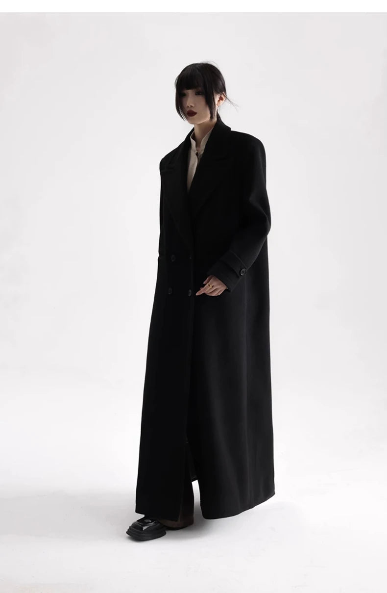 Winter Luxury Extra Long Black Warm Soft Wool & blends Coat for Women