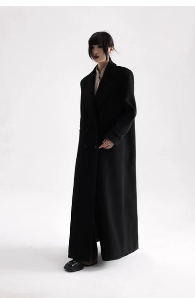 Winter Luxury Extra Long Black Warm Soft Wool & blends Coat for Women