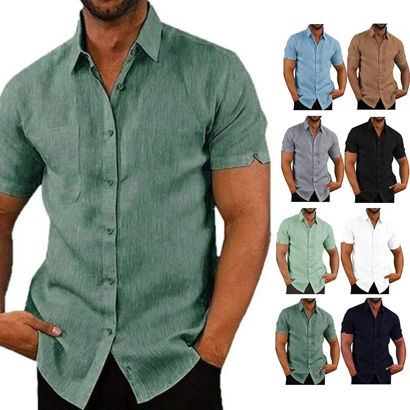 Cotton Linen Shirts for Men Casual Short Sleeved Shirts Blouses Solid Turn-Down Collar